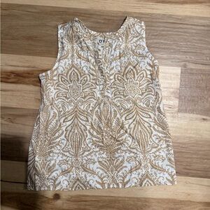LOFT Cream and Tan Patterned Sleeveless Blouse. V-neck